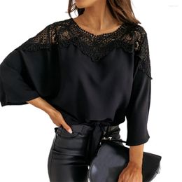 Women's Blouses Women Top Crochet Solid Colour Round Neck Lace Stitching Hollow Polyester Fall Shirt Clothing Blusas