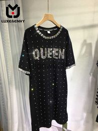 Basic Casual Dresses LUXEENVY Hot Diamond Dress Women's Light Luxury Black Beaded Loose Medium Length Slim J2308009