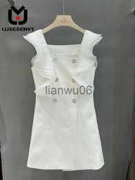 Basic Casual Dresses LUXEENVY Summer New White Organza Double Breasted Rhinestone Sleeved Waistband Aline Dress J2308009