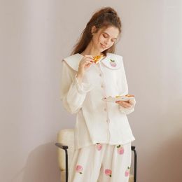 Women's Sleepwear Autumn Pajamas Casual Lace Thin Cotton Pijamas Long-Sleeved Peach Embroidered Bow White 2 Piece Women Wear