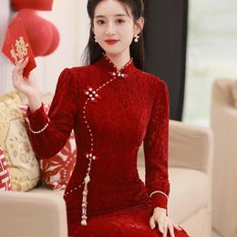 Ethnic Clothing Female Retro Qipao Dress Chinese Traditional Oriental Asian Wedding Gown Wind Red Style Toasting Bride