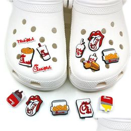 Charms Moq 100Pcs Fried Chicken Hamburger Cola Clog Jibz 2D Soft Rubber Shoe Decorations Accessories Buckles Kids Favor Sandals Drop D Dhv5O