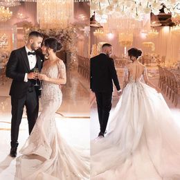 Sexy Illusion Mermaid Wedding Dress Backless Button Saudi Arabic Beading Lace Bridal Gown Custom Made