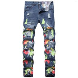 Men's Jeans Painted Stretch Streetwear Colored Hip Hop Ripped Hole Denim Pants Fashion Straight