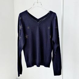 Women's Sweaters Woman Navy Cashmere Sweater Contrast Stars Embroidered V-neck Long Sleeves 2023 Autumn Winter