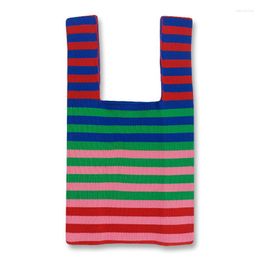 Evening Bags Design Fashion Handle Handbags Women Knitted Shopping Bag Foldable Stripe Printing Weave Shoulder Casual Wool Totes