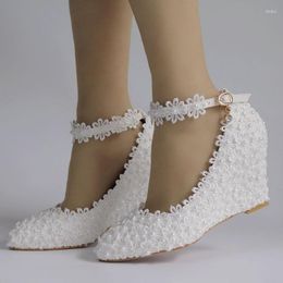 Dress Shoes Spring Style Wedge With A Word Buckle Pointed White Bridal Wedding Large Size Lace Beaded Party Womens Shoe