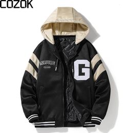 Mens Jackets Hooded Bomber Men Vintage Oversize Letter Embroidery Baseball Jacket With Knit Hat Windbreaker MA1 Coat Streetwear 230808