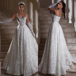 Line Vintage Dresses Spaghetti A for Bride Ruchle Sequins Lace Wedding Dress Long Long Designer Bridal Sweep Train Train