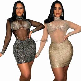 Basic Casual Dresses Echoine Fashion Women Diamonds Mesh Patchwork Longsleeve Bodycon Midi Dress 2023 Autumn Sexy Party Club Evening Dresses Vestidos J2308009