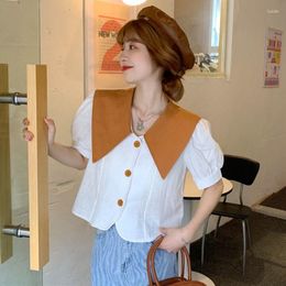 Women's Blouses Spring Autumn Casual Korean Buttons Turn-down Collar Short Sleeve Shirts Female Sweet Patchwork Loose Top Tee Women Clothes