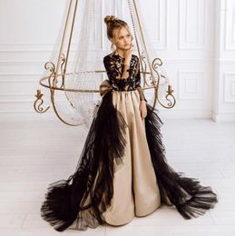 Girl Dresses A-Line Princess Flower Dress For Wedding Black Lace Tulle Champagne Satin First Communion Pageant Gown Long Train