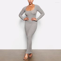 Casual Dresses Women Spring Long Dress Sleeve Plain Color Square Neck Tight Bodycon Ladies Female Outfits Stretchy