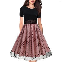 Casual Dresses Womens Short Sleeve 2023 Crewneck Polka Dot Patchwork Vintage Dress Semi Formal