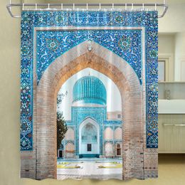 Toothbrush Holders Moroccan Shower Curtain Aged Gate Geometric Pattern Doorway Entrance Architectural Cloth Fabric Bathroom Decor Set with Hooks 230809
