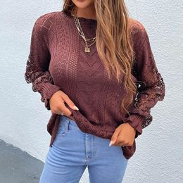 Women's Sweaters 2023 Women Autumn Winter Lace Hollow Out See Throough O-Neck Pullovers Long Sleeve Solid Casual Loose Knitted Jumper
