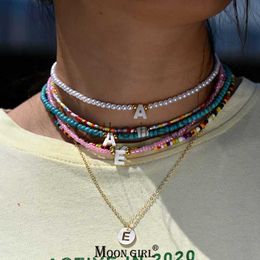 Pendant Necklaces Bohemia Beaded Choker Necklace for Women Initial 26 Letters Pendant Chain Necklace Fashion Shell Pearl Jewellery Boho Accessories J230809