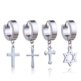 Dangle Chandelier Titanium Steel Cross Star Drop Fake Piercing Punk Earrings Men Hypoallergenic Non-Piercing Clip On Hoop Ear Rings Dh8Hg