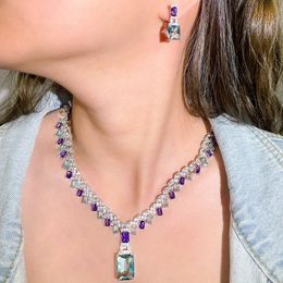 Wedding Jewelry Sets CWWZircons Beautiful Purple Blue Cubic Zircon Crystal Dangle Drop Bridal Necklace Party for Women T605 230808