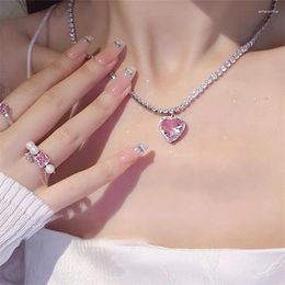 Chains Korean Pink Heart Shape Necklace For Women Fashion Shiny Crystal Pendant Rhinestone Chain Party Jewellery Gift