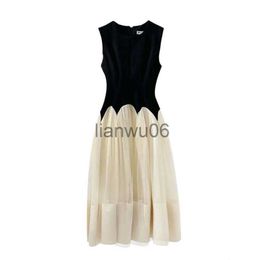 Basic Casual Dresses Women Contrast Color Sleeveless Mesh Spliced Dress Female 2023 Summer New Party Pleated Vest Dresses J2308009