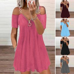 Urban Sexy Dresses Plus Size Zipper V-Neck Short Sleeve Metal Shoulder Strap Pleated Hem A-Line Mini Dress Women Casual Cold Shoulder Swing Dress 230809