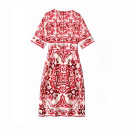 2023 Summer Red Floral Print Dress Short Sleeve Round Neck Knee-Length Casual Dresses A3Q102218