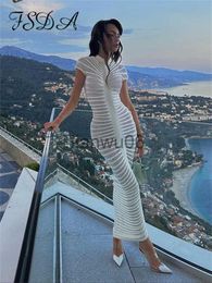 Basic Casual Dresses FSDA Knitted Strip Short Sleeve Midi Bodycon Dress Women Autumn Winter Sexy Skinny Fashion Design Elegant Party Club Outfits J2308009