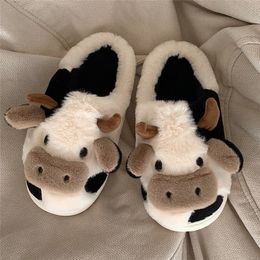 Slippers Milk Cow Fluffy Fur Women Winter Warm Closed Plush Home Bunny Kawaii Flat Cute Animal Dog Slides Shoes 230808