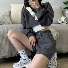 Women's Tracksuits Gothic Streetwear Gray Cropped Sweatshirt Women Harajuku Hip Hop Oversized Long Sleeve Loose Tops Grunge Punk