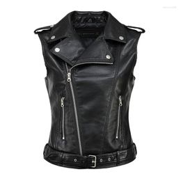 Women's Leather 2023 Autumn Commuter Pure Colour Slim Short Motorcycle Vest Lapel Belt Zipper Pu Jacket Versatile