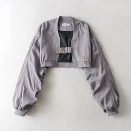 Womens Jackets Short Cropped Bomber Women Solid Black Grey Korea Vintage Folded Sleeve Tops Female Spring Autumn Outwear 230808