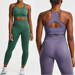 Active Sets 2023 1/2PCS Carved Jacquard Women Seamless Yoga Set High Waist Leggingss Fintess Gym Workout Pant Activewear Outfit Suits