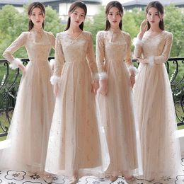 Ethnic Clothing Yourqipao Champagne Bridesmaid Dress 2023 Long Sleeve Wedding Party Female Guest Vestidos Chinese Embroidery Retro Gowns