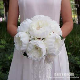 Decorative Flowers Artificial White Peony Bridal Bouquet Rhinestone Beads Bride Holding Flower Bridesmaid Ramo De Boda Novia