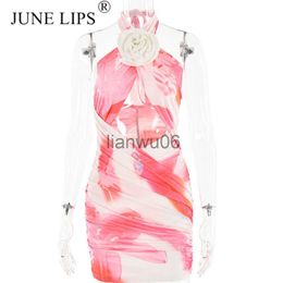 Basic Casual Dresses JUNE LIPS 2023 New Hanging Neck VNeck Hollow Out Dress Sexy Tight Wrapped Hip Short Dress Women's Birthday Dress Wholesale J2308009