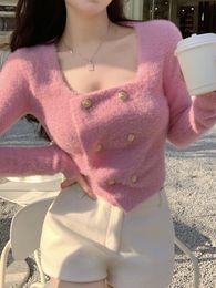 Womens Knits Tees Pink Button Sweater Women Winter Korean Fashion In Short Cardigan Elegant Knitted Crop Tops Streetwear 2000s Clothes 230808