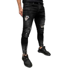 Mens Black Fashion Skinny Jeans Stretch Denim Pants Streetwear Distressed Ripped Freyed Slim Fit Jeans Trousers