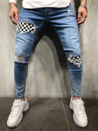 Mens Jeans Fashion Black White Plaid Splicing Cloth Youth Men Casual Checkerboard Print Broken Holes Four Seasons Pencil Denim Pants 230809