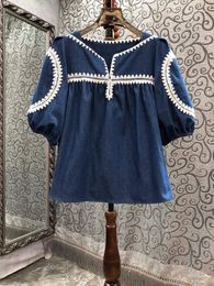 Women's Blouses 2023 Women Fashion Bubble Short Sleeves Sexy Casual One-word Collar Trimmed Doll Loose Denim Shirt Top 0614
