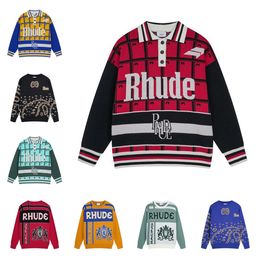 Designers Mens Sweaters Rhude jacquard knit Polo Jumpers Mens Plus Size Luxury Knitted Wool Sweater Casual Pullover Long Sleeves Loose Fit Women Winter Sweatshirts