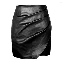 Skirts 2023 In Sexy Women High-waisted Irregular Pleated PU Leather Skirt Night Club Office Lady Black Zipper Mini