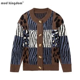 Pullover Mudkingdom Big Boy Girl Cardigan Sweater Zebra Cheetah Print Oneck Button Down Knit Long Sleeve Sweaters for Children Clothes 230809