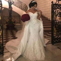 2023 Luxury Mermaid Wedding Dresses Bridal Gowns With Overskirts Off Shoulder Lace Ruched Sparkle Rhinstone Dubai stain Vestidos D274y