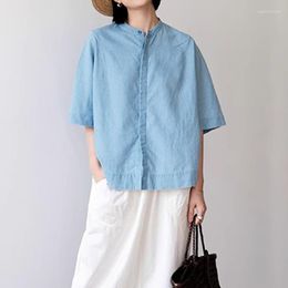 Men's Casual Shirts A "minimal Blue" Linen-cotton Minimal One-up Short Sleeved Light Blue Denim Shirt Top