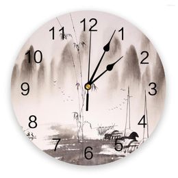 Wall Clocks Landscape Ink Painting Clock Living Room Home Decor Large Round Mute Quartz Table Bedroom Decoration Watch