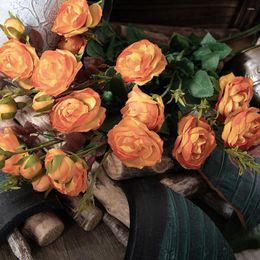 Decorative Flowers 3Pc Artificial Rose 67cm Multi Head Fake Tea Orange Wedding Accessories Pography Prop For Home Decor