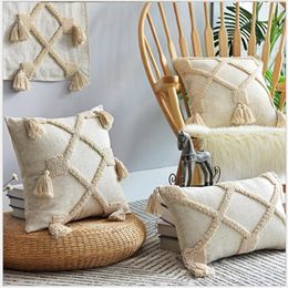 Beige Linen Cotton Cushion Cover 30x50cm 45x45cm Tassels Embroidery Pillow Cover Home Decor Sofa PillowCase Pillow Sham 210315215L