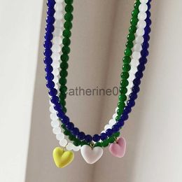 Pendant Necklaces ZX Handmade Transparent Beaded Chain Short Chokers for Women Cute Candy Colour Heart Pendant Necklace Wholesale Girl Jewellery Gift J230809