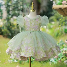 Girl Dresses Elegant Sweet O-neck Baby Dress Ball Gown Princess Robe 2023 Summer Lace Up Puff Sleeve Flower For Weddings